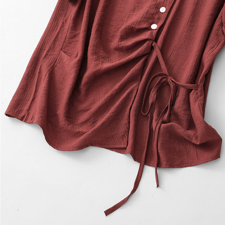 Buddha Stones Plain Asymmetrical Lace-Up Design Puff Short Sleeve Women's Cotton Shirt - image 23