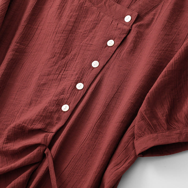 Buddha Stones Plain Asymmetrical Lace-Up Design Puff Short Sleeve Women's Cotton Shirt - image 20