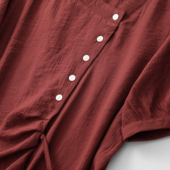 Buddha Stones Plain Asymmetrical Lace-Up Design Puff Short Sleeve Women's Cotton Shirt - image 20