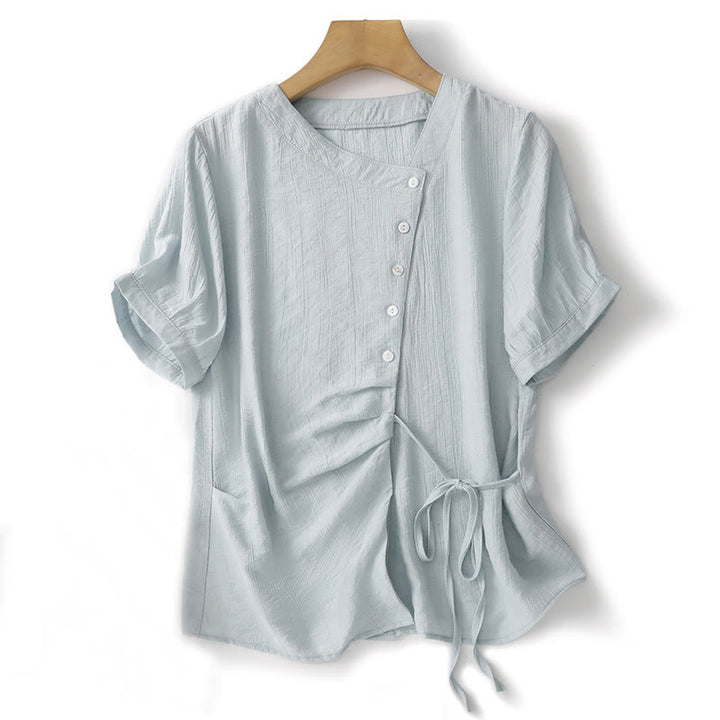 Buddha Stones Plain Asymmetrical Lace-Up Design Puff Short Sleeve Women's Cotton Shirt - PowderBlue - US8-10,UK/AU12-14,EU40-42 (2XL) - image 1