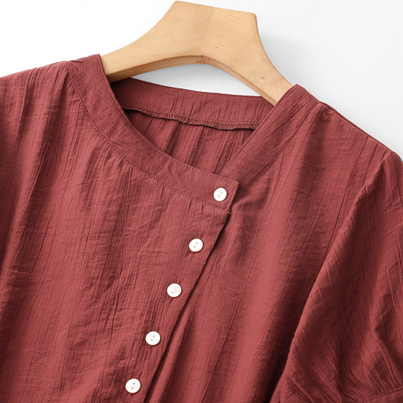 Buddha Stones Plain Asymmetrical Lace-Up Design Puff Short Sleeve Women's Cotton Shirt - image 19