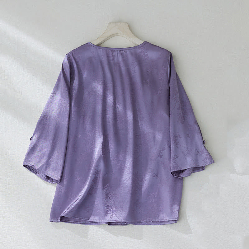 Buddha Stones Summer Solid Color Jacquard Flower Slit Design Three Quarter Sleeve Women's Shirt - image 2