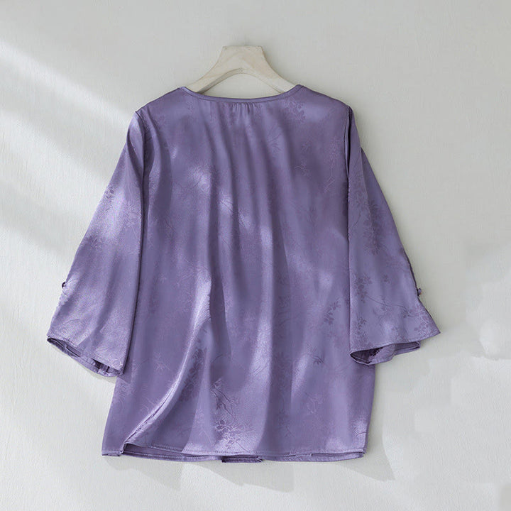 Buddha Stones Summer Solid Color Jacquard Flower Slit Design Three Quarter Sleeve Women's Shirt - image 2