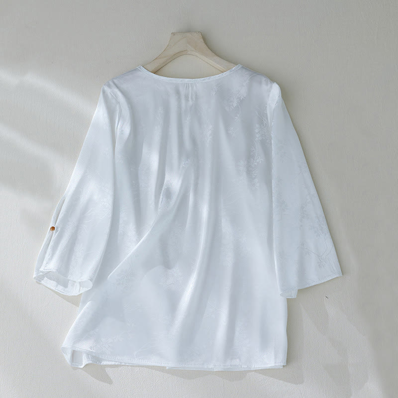 Buddha Stones Summer Solid Color Jacquard Flower Slit Design Three Quarter Sleeve Women's Shirt - image 10