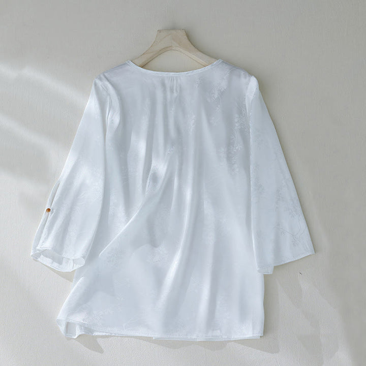 Buddha Stones Summer Solid Color Jacquard Flower Slit Design Three Quarter Sleeve Women's Shirt - image 10