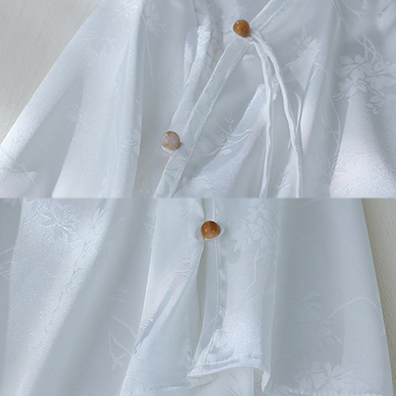 Buddha Stones Summer Solid Color Jacquard Flower Slit Design Three Quarter Sleeve Women's Shirt - image 14