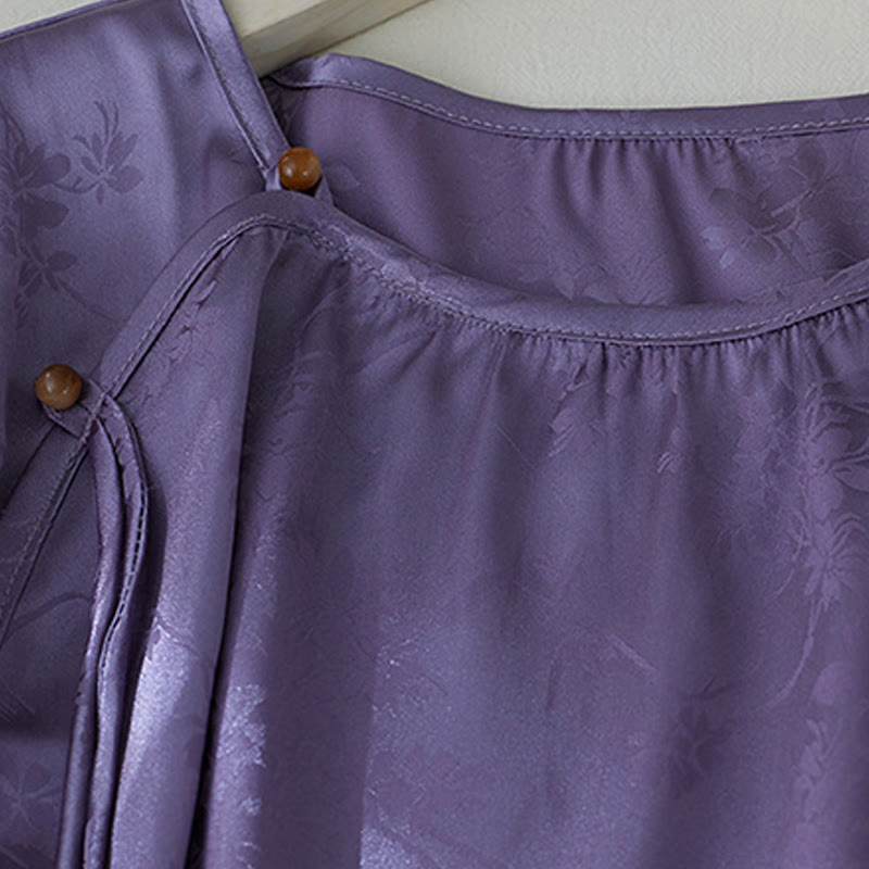 Buddha Stones Summer Solid Color Jacquard Flower Slit Design Three Quarter Sleeve Women's Shirt - image 3