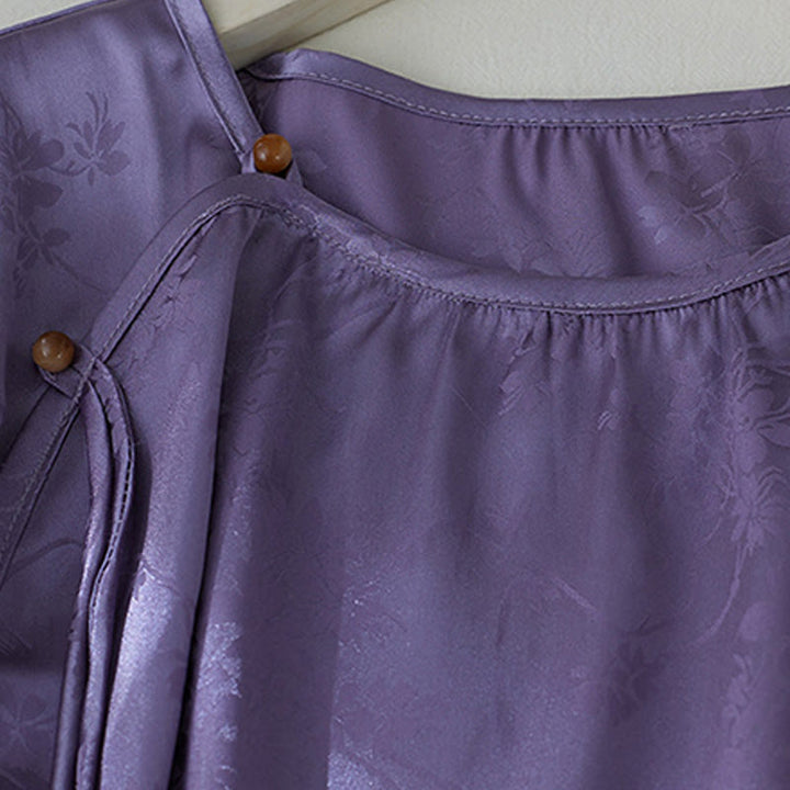 Buddha Stones Summer Solid Color Jacquard Flower Slit Design Three Quarter Sleeve Women's Shirt - image 3