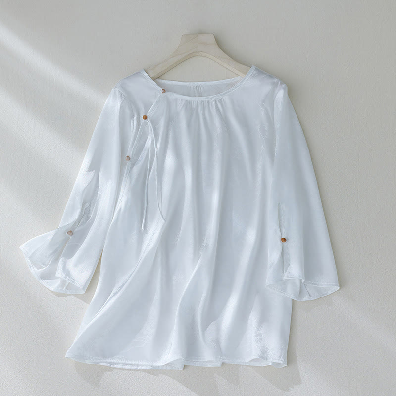 Buddha Stones Summer Solid Color Jacquard Flower Slit Design Three Quarter Sleeve Women's Shirt - White - US8-10,UK/AU12-14,EU40-42 (2XL) - image 9