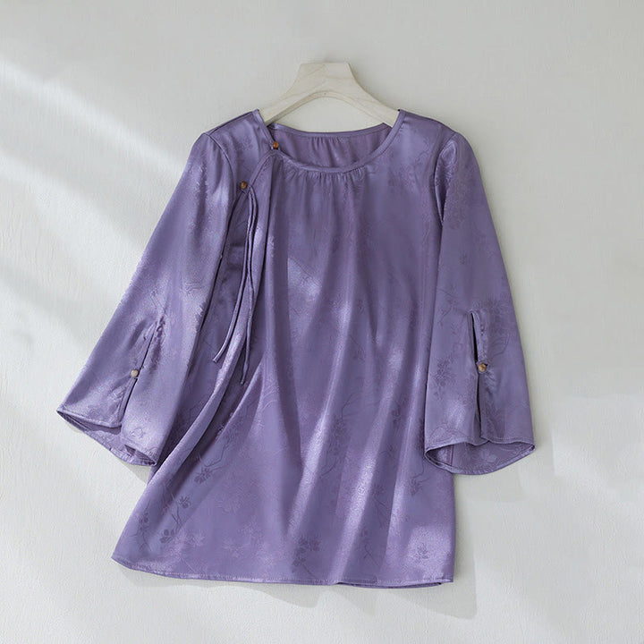 Buddha Stones Summer Solid Color Jacquard Flower Slit Design Three Quarter Sleeve Women's Shirt - BlueViolet - US8-10,UK/AU12-14,EU40-42 (2XL) - image 1