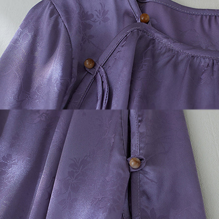 Buddha Stones Summer Solid Color Jacquard Flower Slit Design Three Quarter Sleeve Women's Shirt - image 8