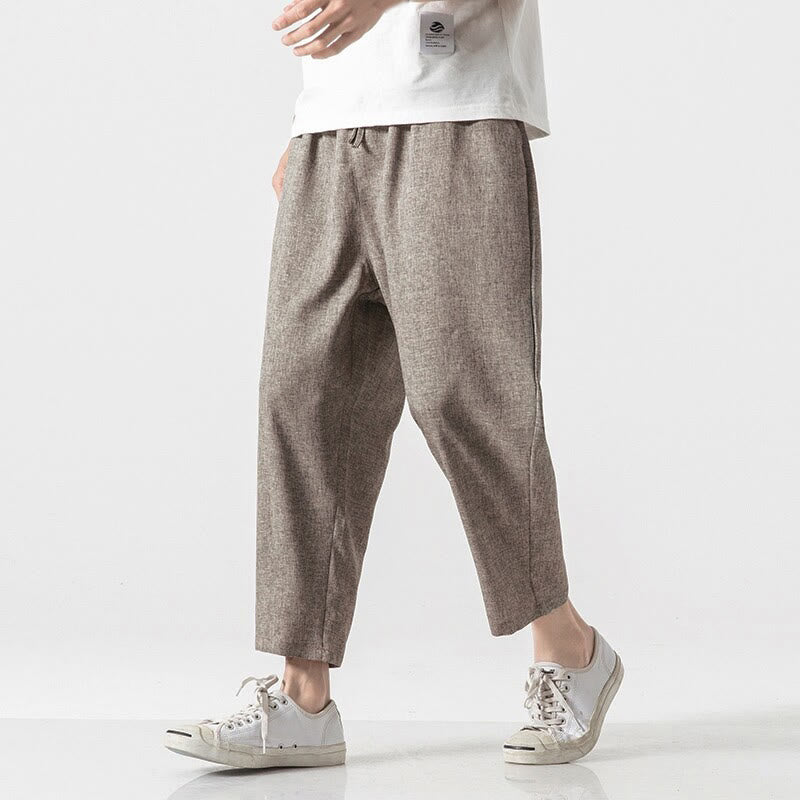 Buddha Stones Summer Plain Men's 7-8 Length Cotton Linen Pants With Pockets - image 4