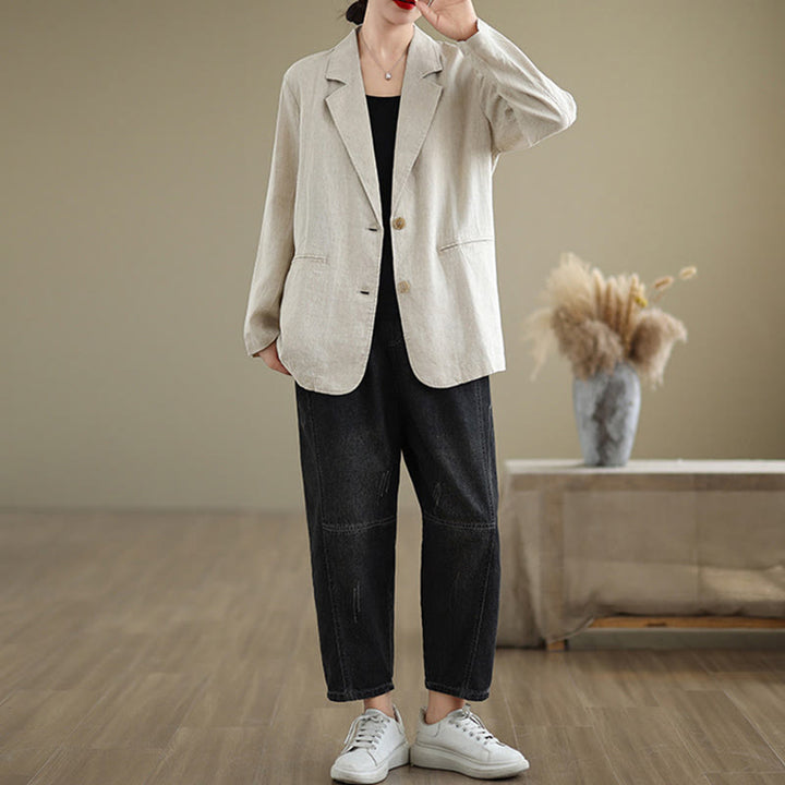 Buddha Stones Spring Solid Color Long Sleeve Cotton Linen Women's Jacket With Pockets - image 4