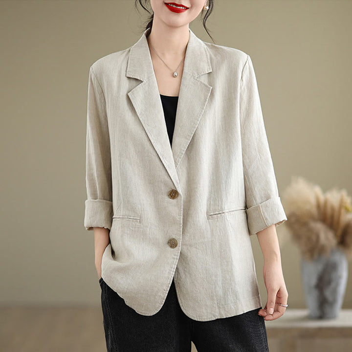 Buddha Stones Spring Solid Color Long Sleeve Cotton Linen Women's Jacket With Pockets - Beige - US8-10,UK/AU12-14,EU40-42 (2XL) - image 1