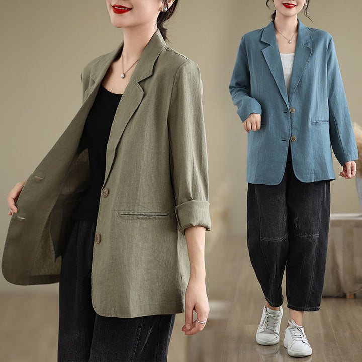 Buddha Stones Spring Solid Color Long Sleeve Cotton Linen Women's Jacket With Pockets - image 35