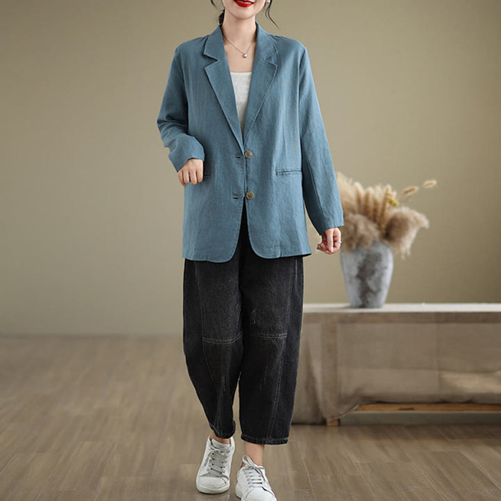 Buddha Stones Spring Solid Color Long Sleeve Cotton Linen Women's Jacket With Pockets - image 12