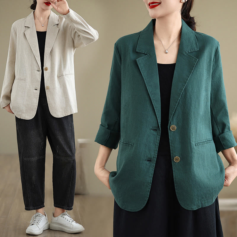 Buddha Stones Spring Solid Color Long Sleeve Cotton Linen Women's Jacket With Pockets - image 34