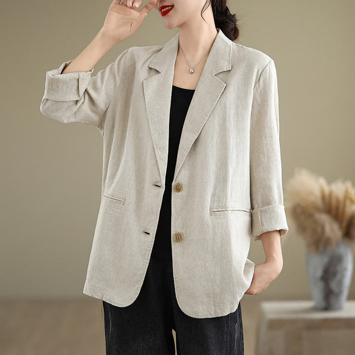 Buddha Stones Spring Solid Color Long Sleeve Cotton Linen Women's Jacket With Pockets - image 3