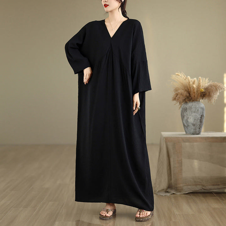 Buddha Stones Fall Pure Color V-Neck Long Sleeve Cotton Midi Dress - image 5