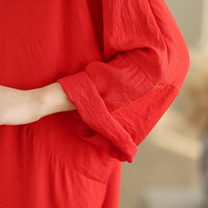 Buddha Stones Fall Pure Color V-Neck Long Sleeve Cotton Midi Dress - image 11