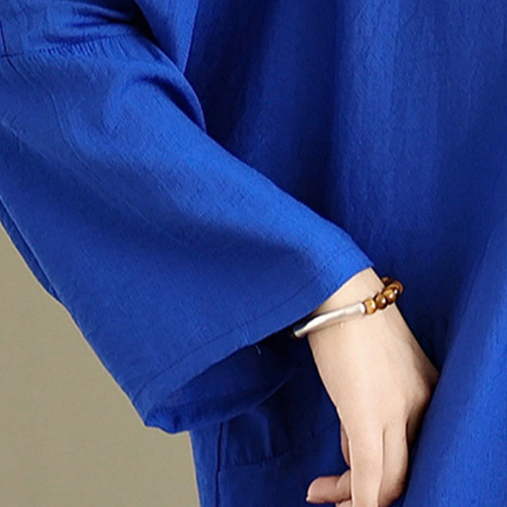 Buddha Stones Fall Pure Color V-Neck Long Sleeve Cotton Midi Dress - image 21