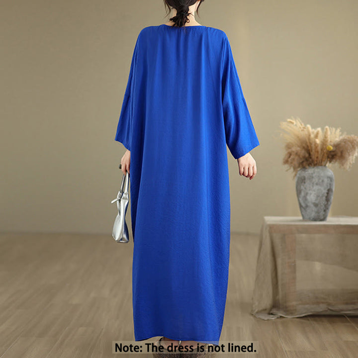 Buddha Stones Fall Pure Color V-Neck Long Sleeve Cotton Midi Dress - image 13
