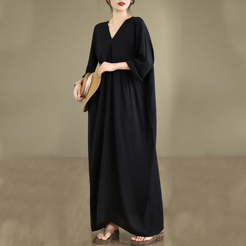 Buddha Stones Fall Pure Color V-Neck Long Sleeve Cotton Midi Dress - image 4