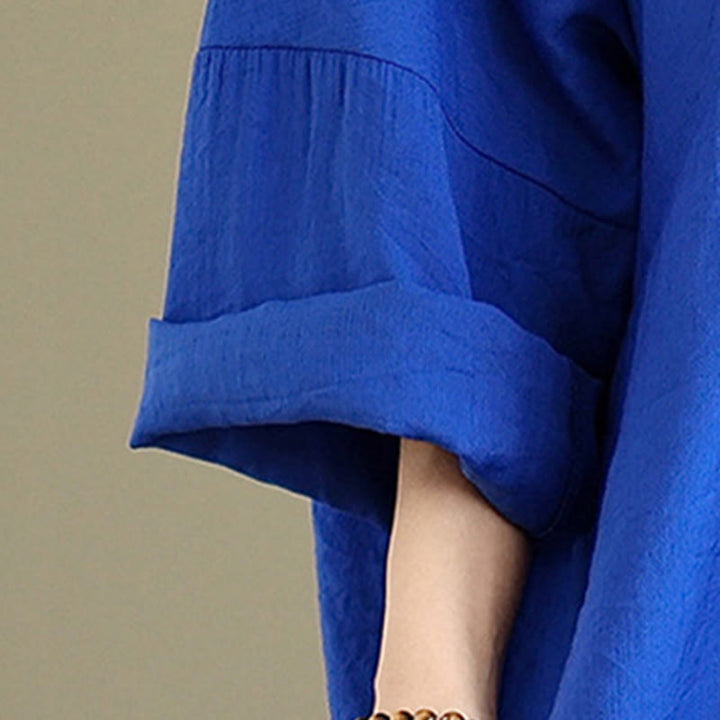 Buddha Stones Fall Pure Color V-Neck Long Sleeve Cotton Midi Dress - image 20