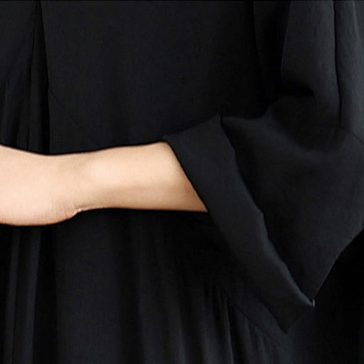 Buddha Stones Fall Pure Color V-Neck Long Sleeve Cotton Midi Dress - image 7