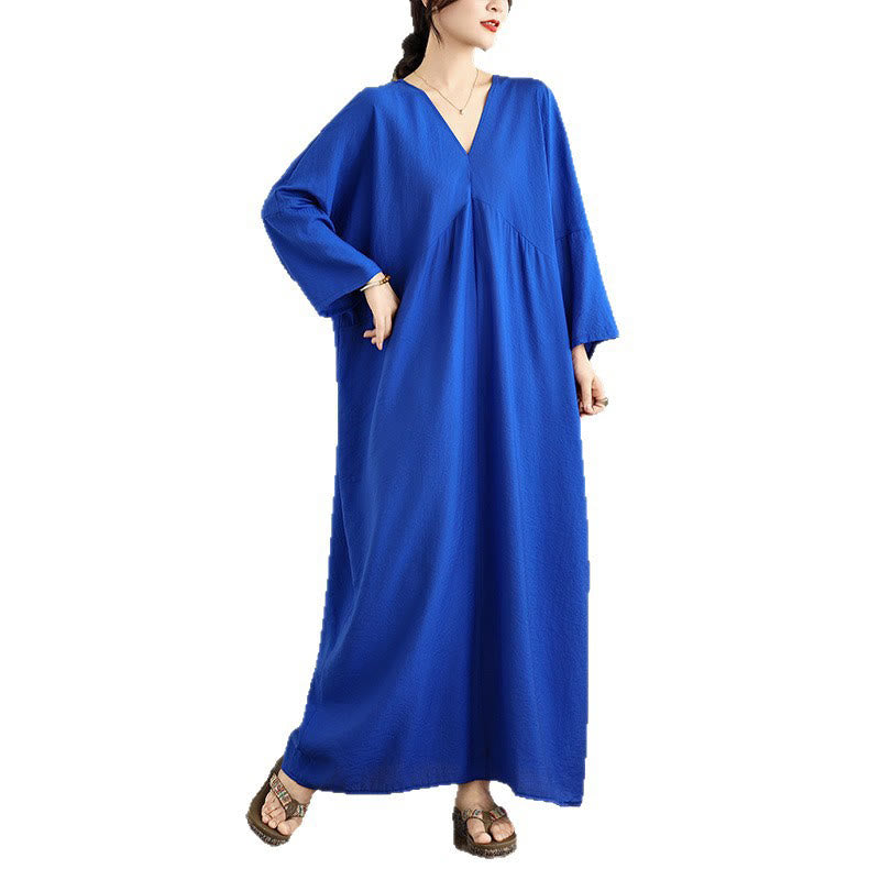 Buddha Stones Fall Pure Color V-Neck Long Sleeve Cotton Midi Dress - image 24