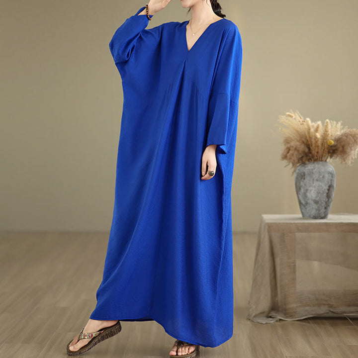 Buddha Stones Fall Pure Color V-Neck Long Sleeve Cotton Midi Dress - image 14