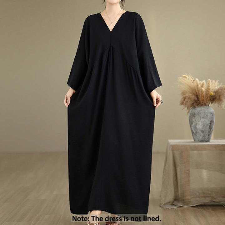Buddha Stones Fall Pure Color V-Neck Long Sleeve Cotton Midi Dress - image 2
