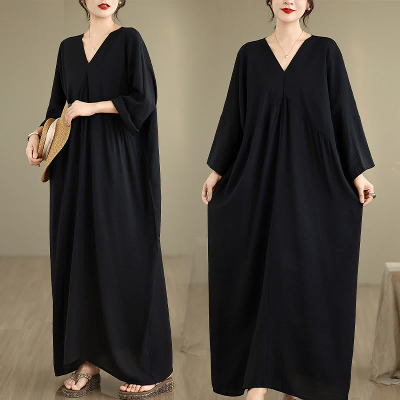Buddha Stones Fall Pure Color V-Neck Long Sleeve Cotton Midi Dress - image 6