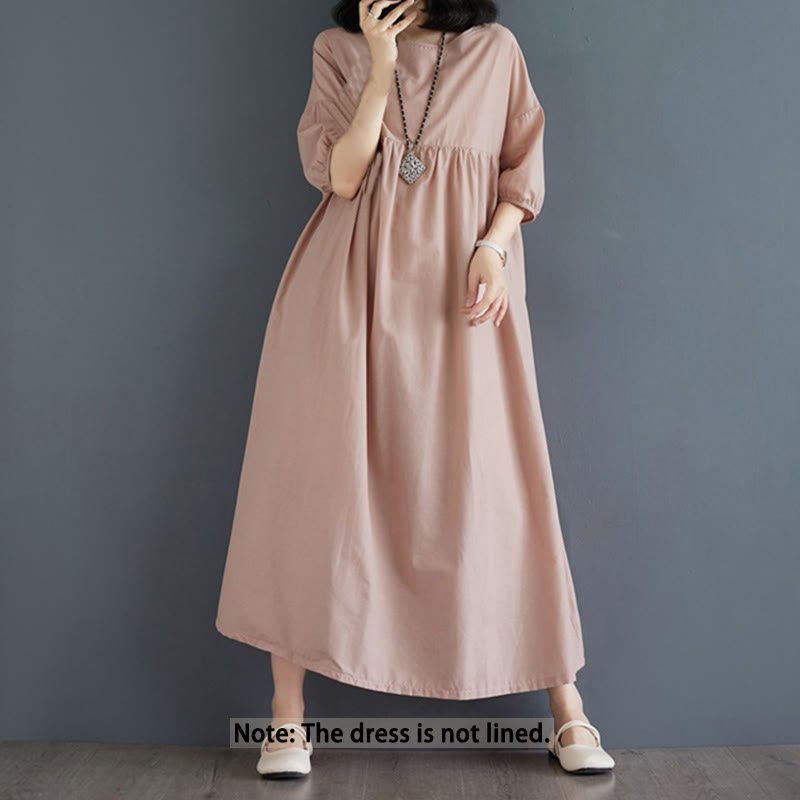 Buddha Stones Solid Color Pleated Design Crew Neck Half Puff Sleeve Cotton Midi Dress - image 42