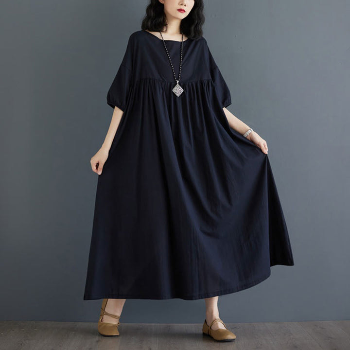 Buddha Stones Solid Color Pleated Design Crew Neck Half Puff Sleeve Cotton Midi Dress - image 35