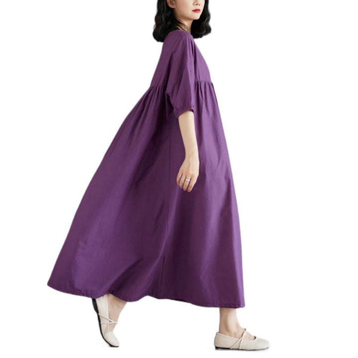 Buddha Stones Solid Color Pleated Design Crew Neck Half Puff Sleeve Cotton Midi Dress - image 6