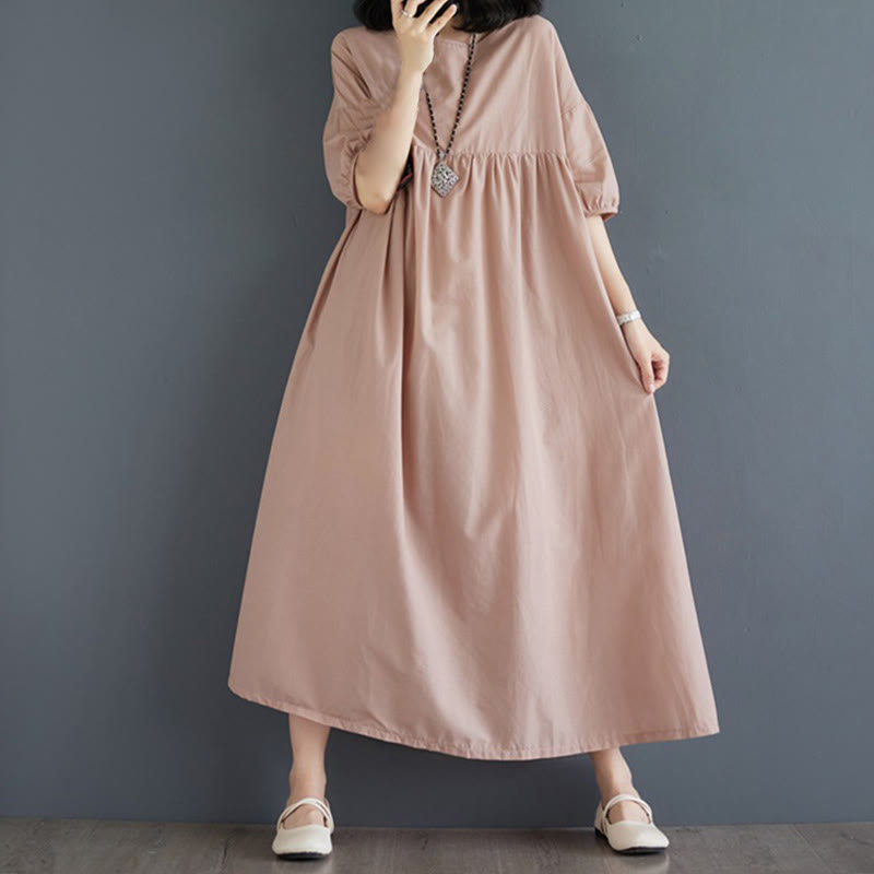 Buddha Stones Solid Color Pleated Design Crew Neck Half Puff Sleeve Cotton Midi Dress - PeachPuff - US14,UK/AU18,EU46 (2XL) - image 41