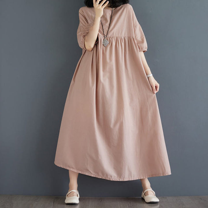 Buddha Stones Solid Color Pleated Design Crew Neck Half Puff Sleeve Cotton Midi Dress - PeachPuff - US14,UK/AU18,EU46 (2XL) - image 41