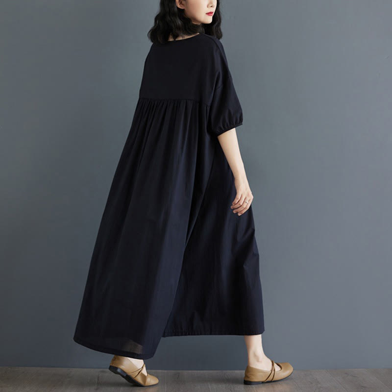 Buddha Stones Solid Color Pleated Design Crew Neck Half Puff Sleeve Cotton Midi Dress - image 36