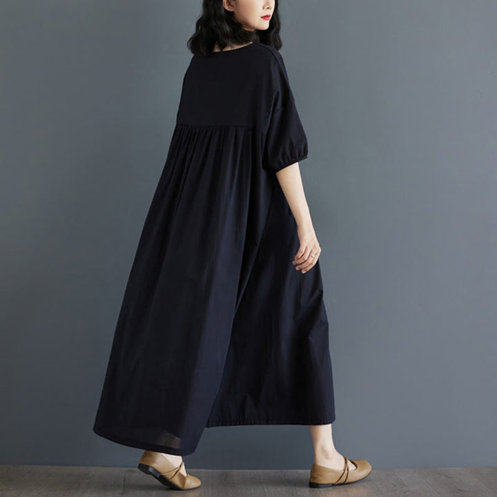 Buddha Stones Solid Color Pleated Design Crew Neck Half Puff Sleeve Cotton Midi Dress - image 36