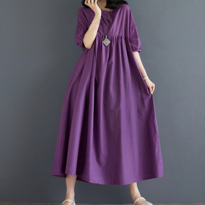 Buddha Stones Solid Color Pleated Design Crew Neck Half Puff Sleeve Cotton Midi Dress - Purple - US14,UK/AU18,EU46 (2XL) - image 1