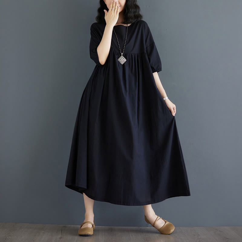 Buddha Stones Solid Color Pleated Design Crew Neck Half Puff Sleeve Cotton Midi Dress - image 34