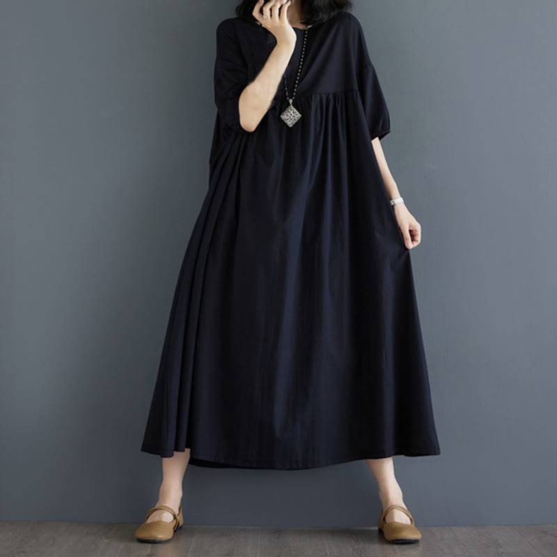Buddha Stones Solid Color Pleated Design Crew Neck Half Puff Sleeve Cotton Midi Dress - Black - US14,UK/AU18,EU46 (2XL) - image 32