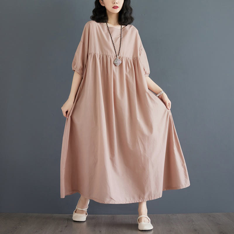 Buddha Stones Solid Color Pleated Design Crew Neck Half Puff Sleeve Cotton Midi Dress - image 44