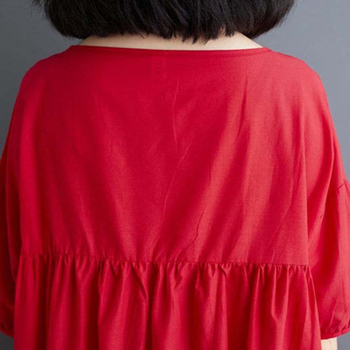 Buddha Stones Solid Color Pleated Design Crew Neck Half Puff Sleeve Cotton Midi Dress - image 30