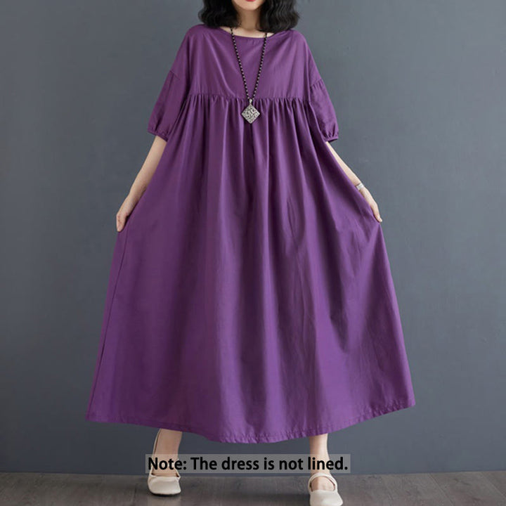 Buddha Stones Solid Color Pleated Design Crew Neck Half Puff Sleeve Cotton Midi Dress - image 2