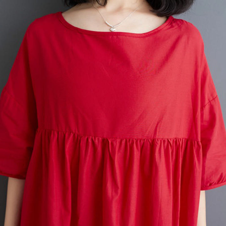 Buddha Stones Solid Color Pleated Design Crew Neck Half Puff Sleeve Cotton Midi Dress - image 29