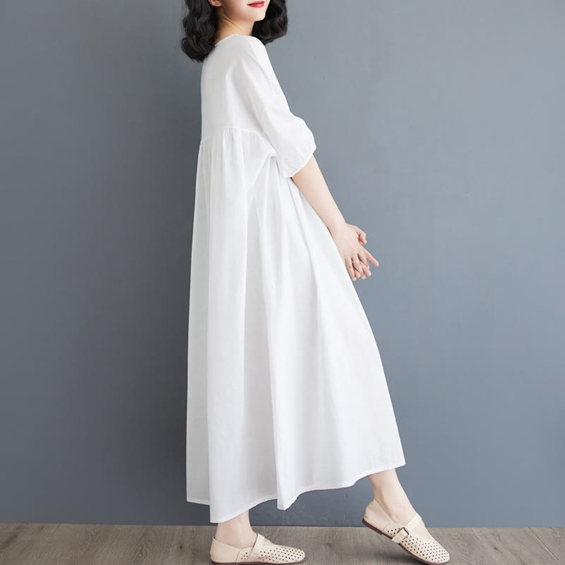 Buddha Stones Solid Color Pleated Design Crew Neck Half Puff Sleeve Cotton Midi Dress - image 10