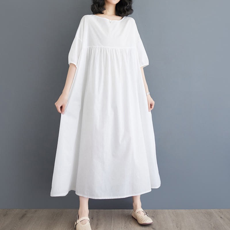 Buddha Stones Solid Color Pleated Design Crew Neck Half Puff Sleeve Cotton Midi Dress - image 9