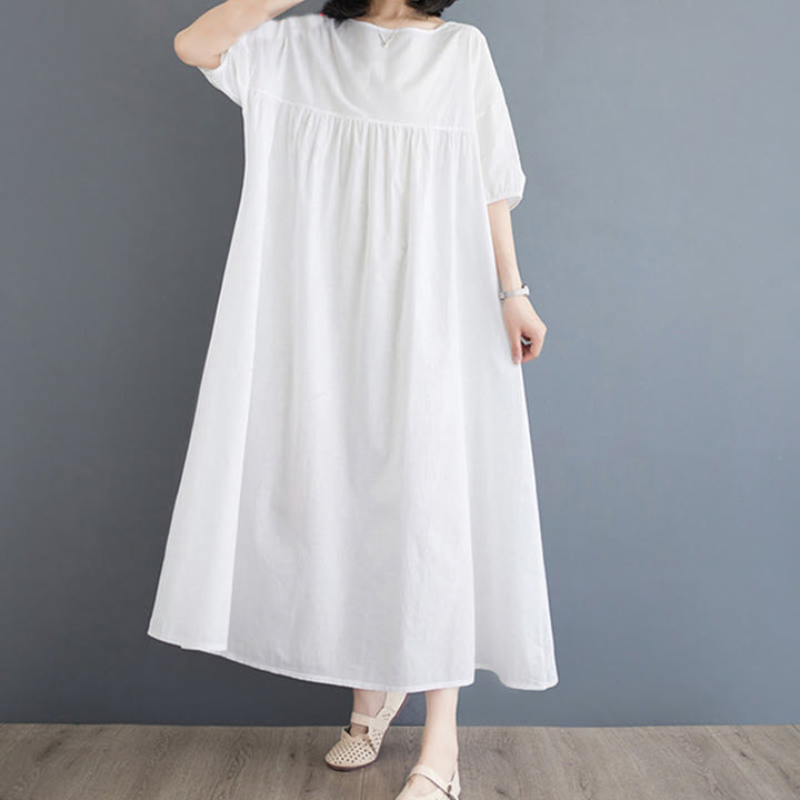 Buddha Stones Solid Color Pleated Design Crew Neck Half Puff Sleeve Cotton Midi Dress - image 14